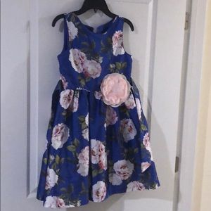 Blue dress with large flowers.